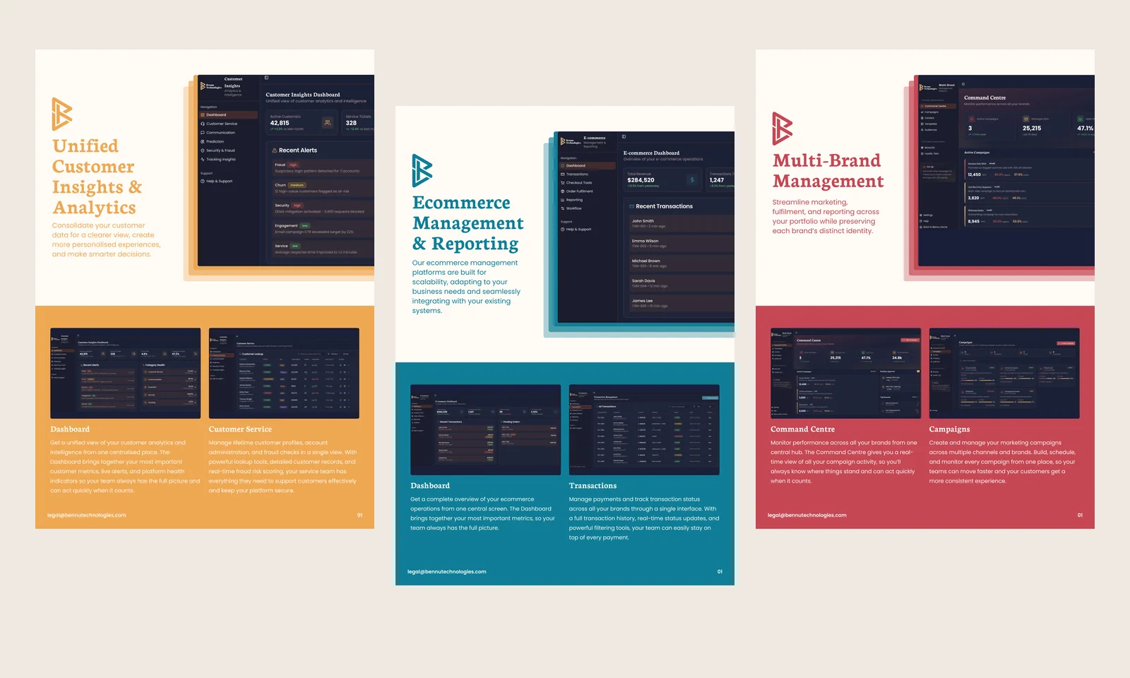 Three Bennu brochure covers arranged side by side in amber, teal and red.
