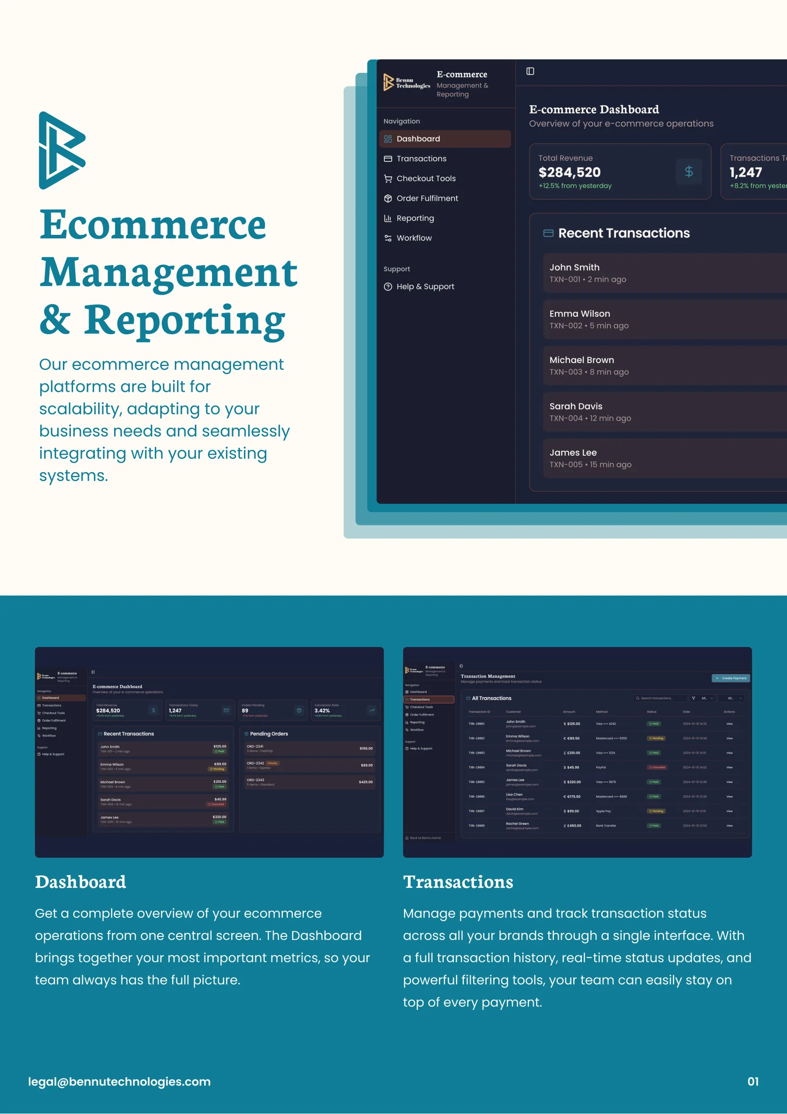 Front page of the teal Bennu Ecommerce Management and Reporting brochure.