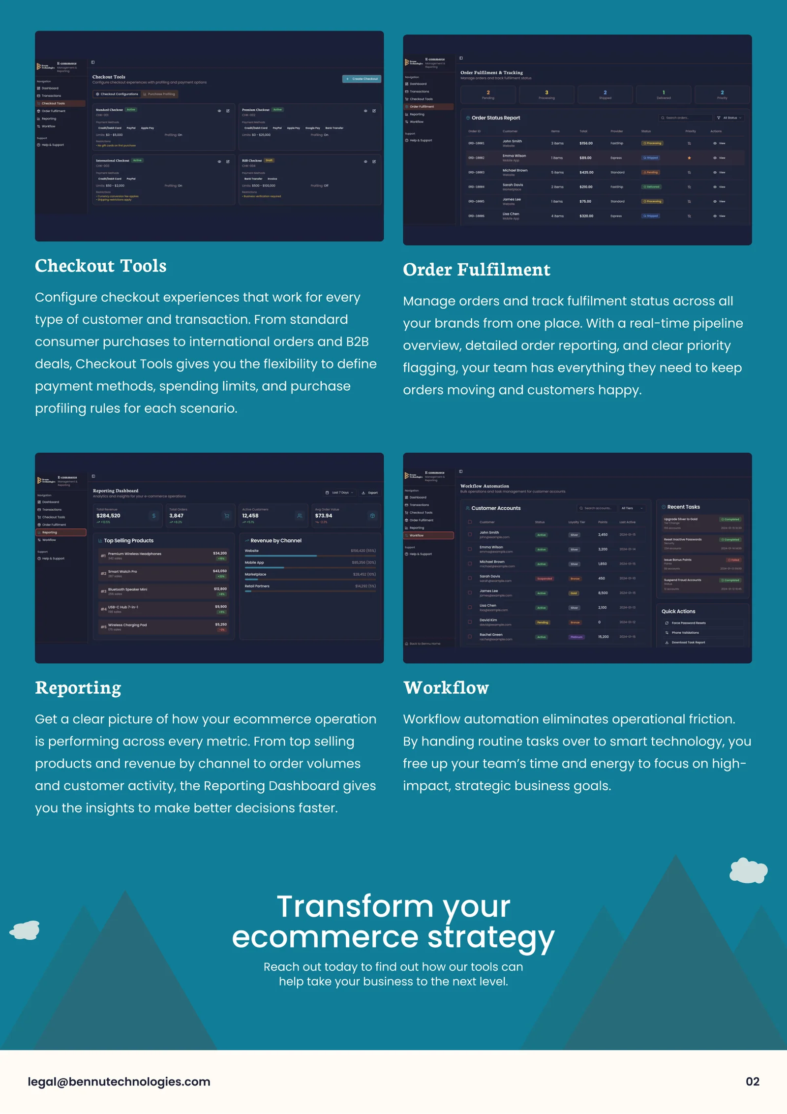 Second page of the teal Bennu brochure with checkout, fulfilment, reporting and workflow sections.
