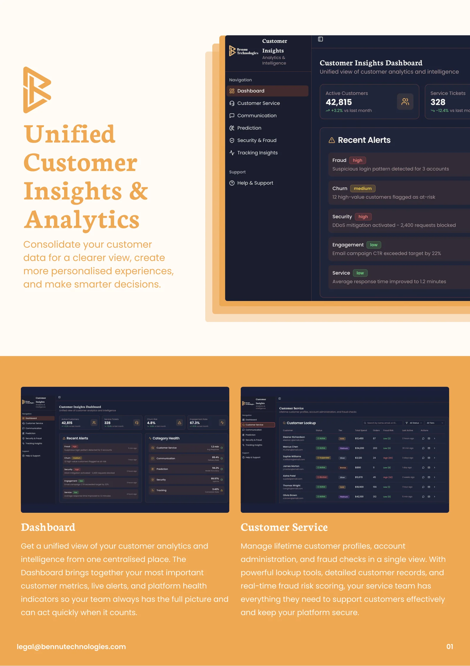 Front page of the amber Bennu Customer Insights and Analytics brochure.