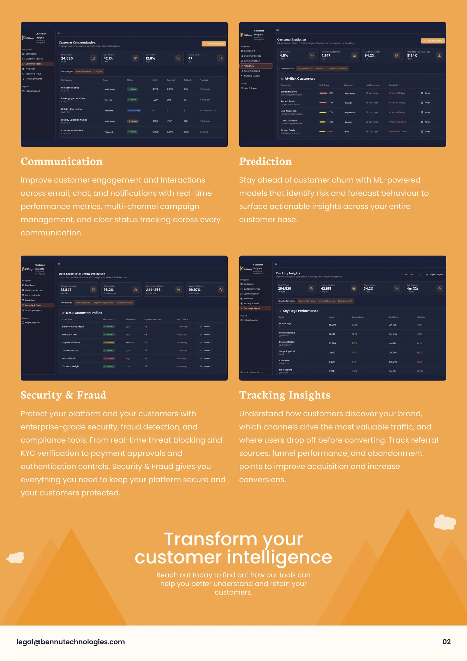 Second page of the Bennu analytics brochure with feature descriptions and dashboard images.