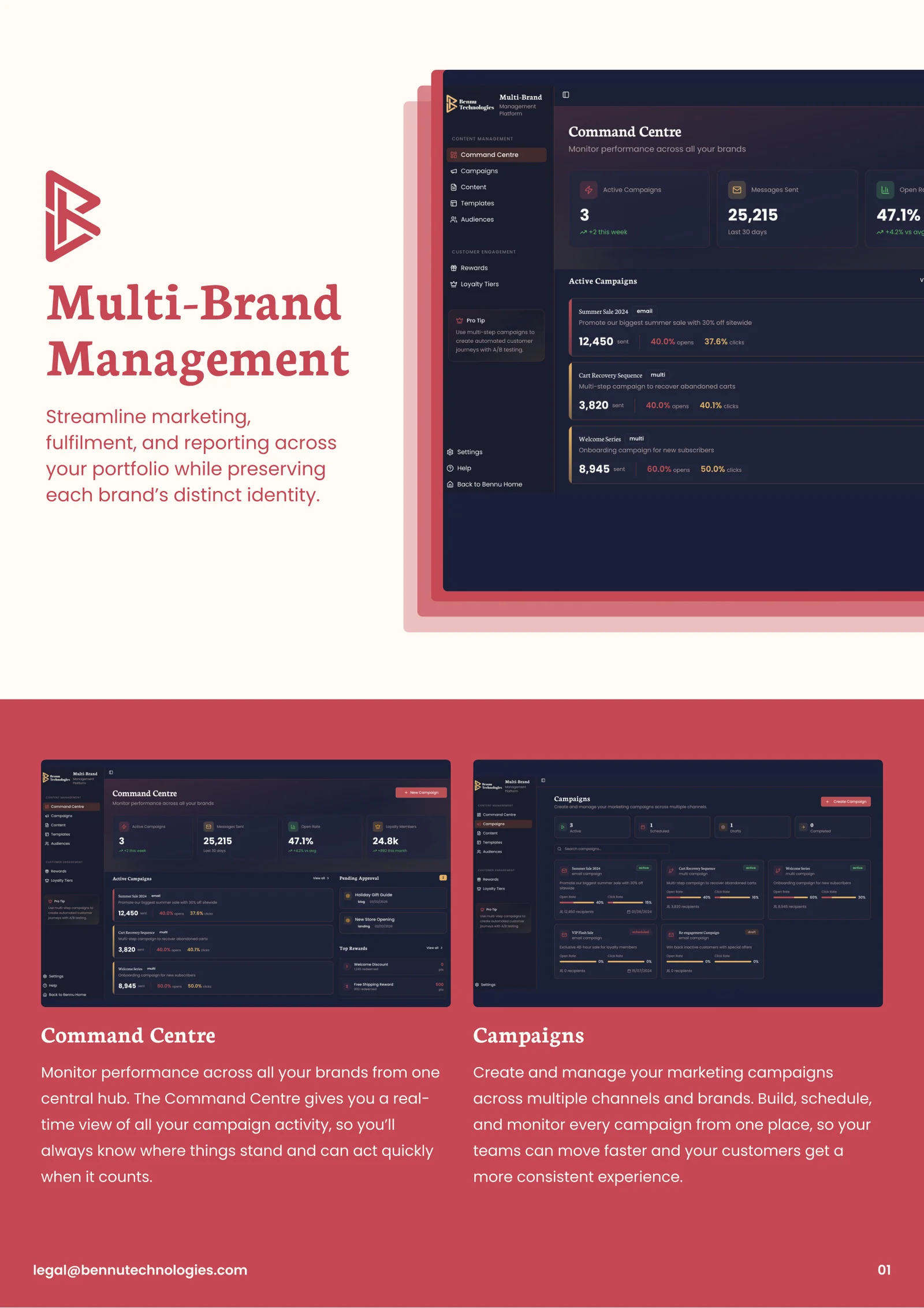 Front page of the red Bennu Multi-Brand Management brochure.