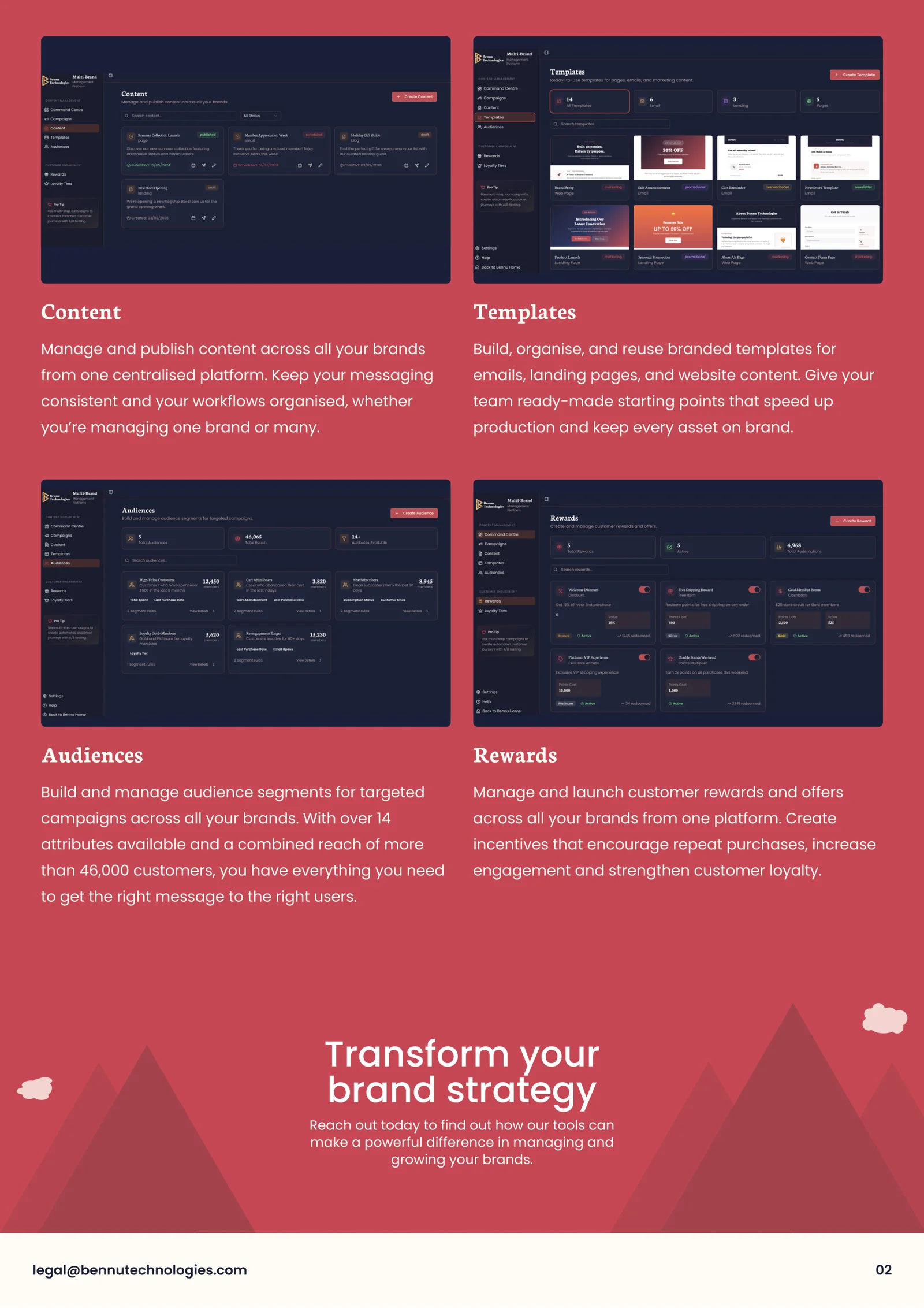 Second page of the red Bennu brochure showing content, templates, audiences and rewards.