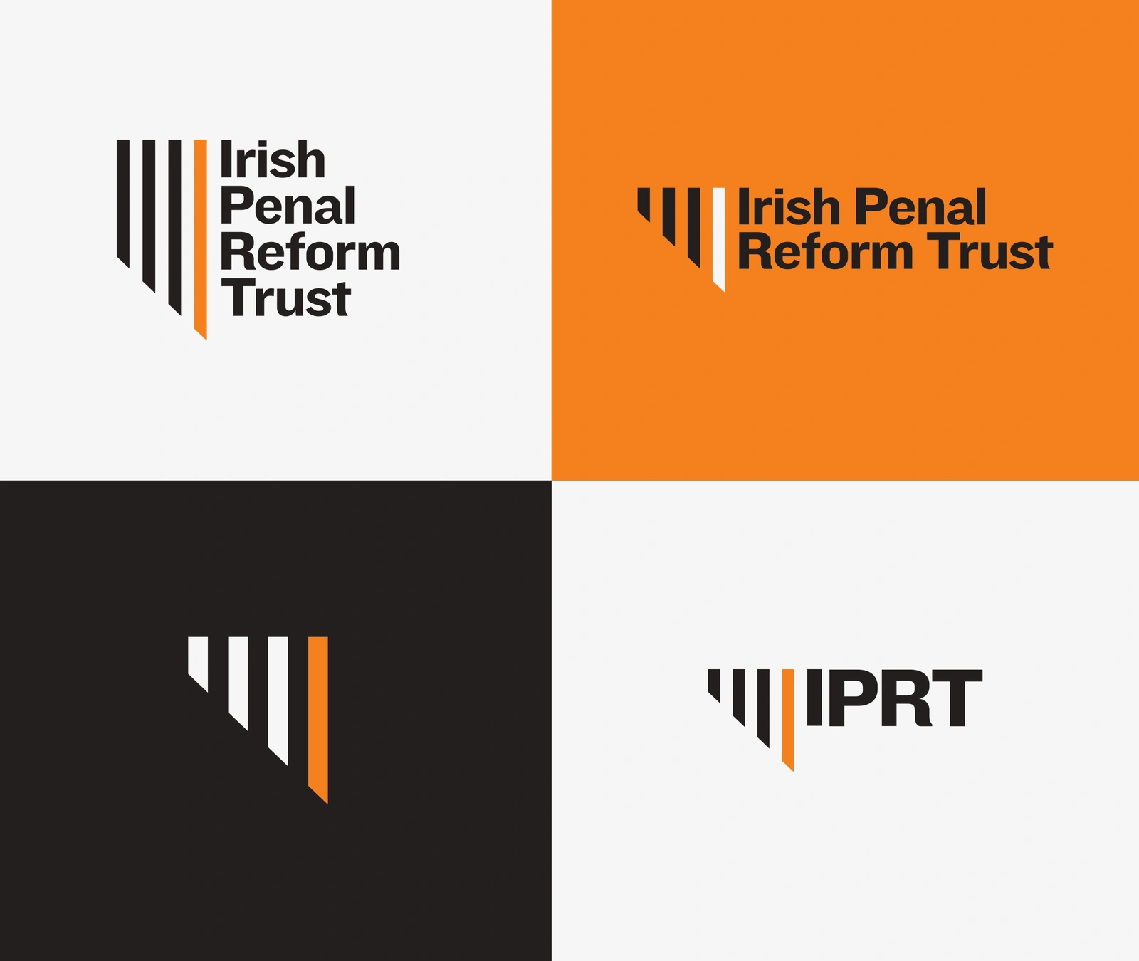 Irish Penal Reform Trust logo suite in orange, charcoal and off-white, from the brand guidelines.