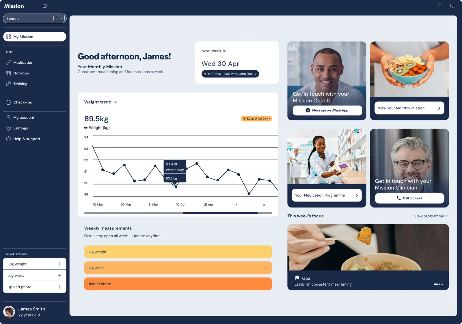 Mission dashboard design with navy navigation, a progress chart, check-in information and coaching cards.