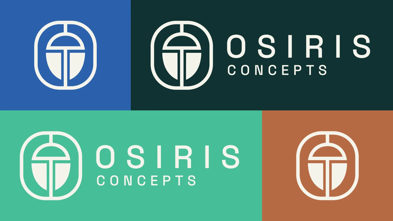 Osiris Concepts scarab mark and wordmark shown across green, blue, mint and copper colour applications.