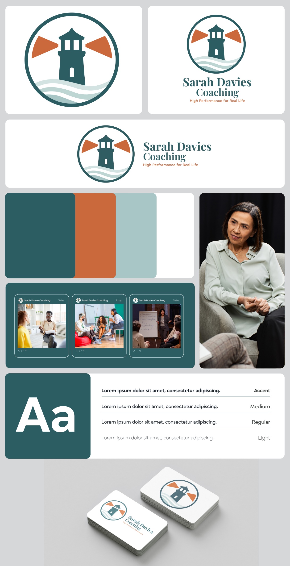Sarah Davies Coaching: Identity direction — logo, palette, typography and mockups
