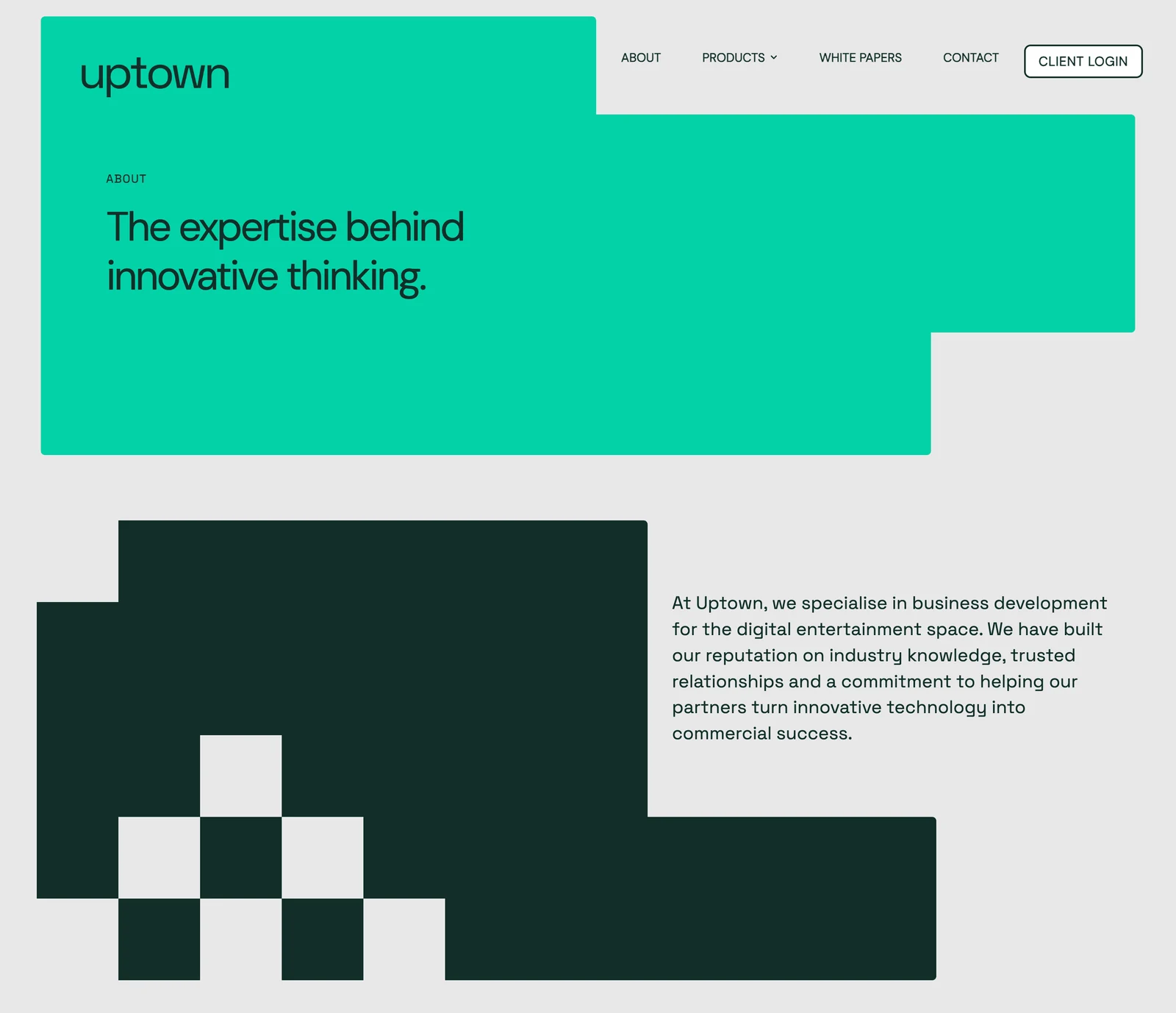 Uptown About page with a turquoise heading and a stepped dark green brand composition.