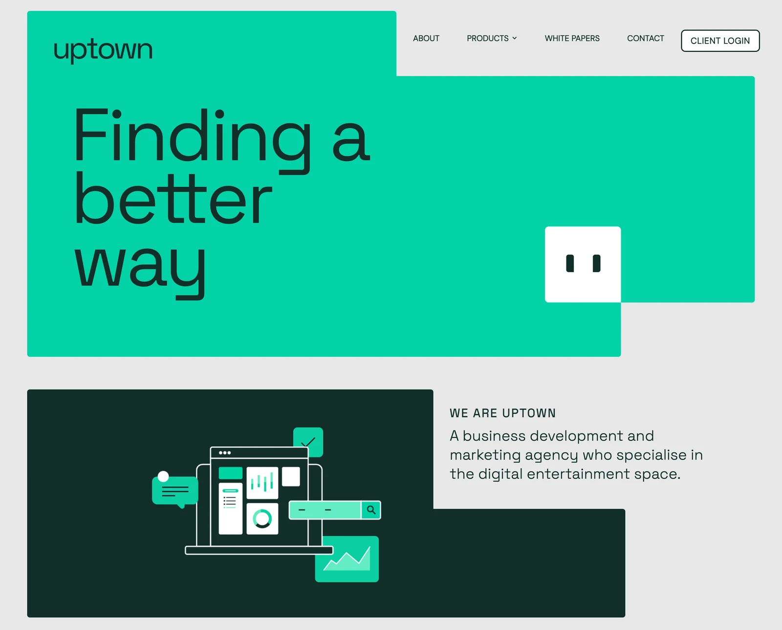 Uptown homepage: turquoise geometric hero and dark green illustrated introduction.