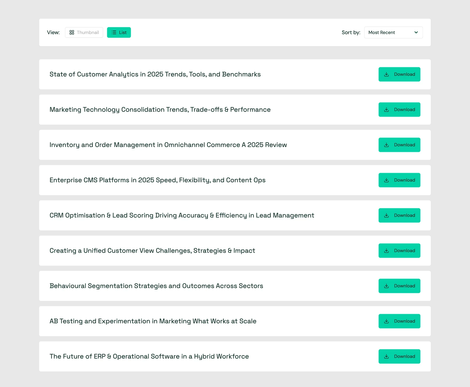 Uptown White Papers Library showing list and thumbnail view controls, sorting and rows of downloadable papers.