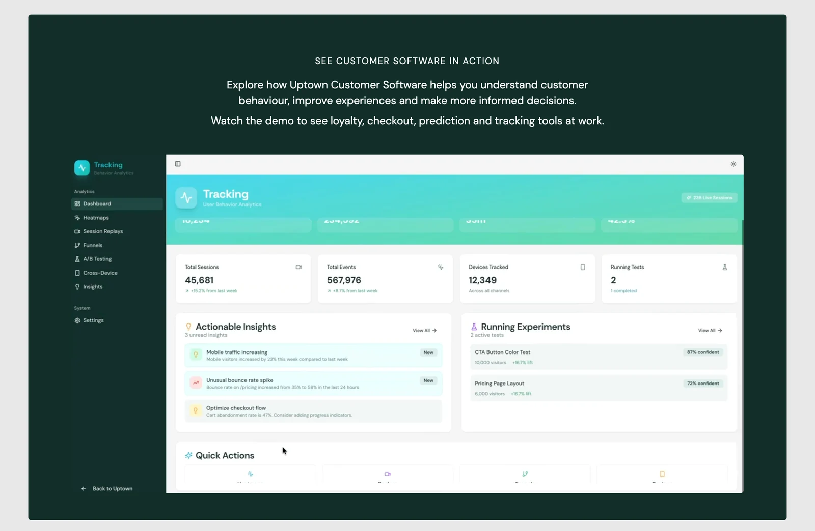 Customer Software page showing a product dashboard inside a dark green demonstration section.